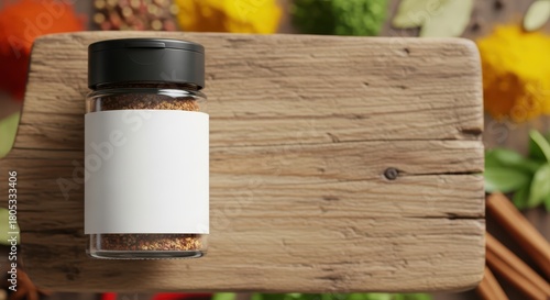 Fototapeta Naklejka Na Ścianę i Meble -  Empty label spice jar on rustic wooden surface with herbs and spices in background