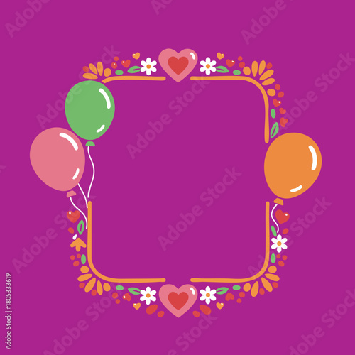 Colorful balloon and heart floral frame with pink purple background vector illustration for celebrations and invitations 