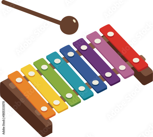 Colorful wooden xylophone musical instrument with brown mallet for children’s play and learning fun educational toy 