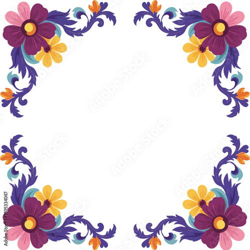 Floral corner frame with purple, pink, and yellow flowers vector for decorative design and illustration purposes 