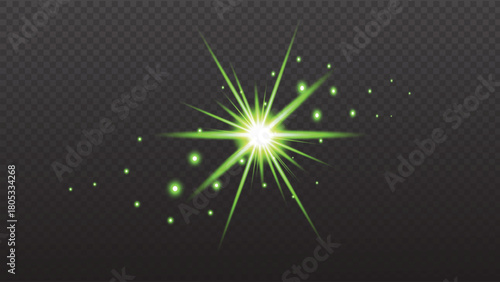 Bright Green Sparkle Lens Flare Starburst Effect with Glowing Light Particles on Transparent Background