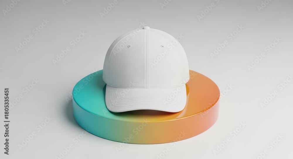 Fototapeta premium Minimalist white baseball cap on colorful gradient pedestal