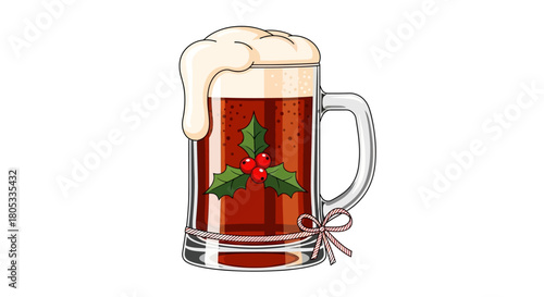 Festive cartoon beer mug overflowing with frothy cheer makes a joyful holiday statement for seasonal menus and Christmas party invites
