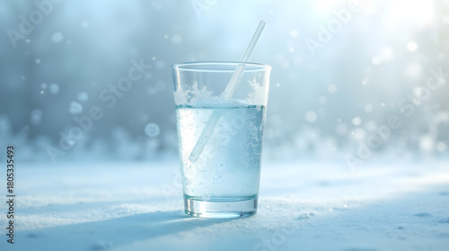 A soft light blue matte surface serves as the backdrop for a wet plastic glass, its translucent material glistening with tiny droplets of water, placed against a frosted winter window glass, the glass