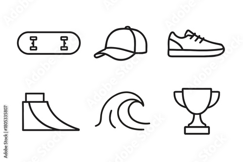 Outline icons of skateboard, cap, shoe, ramp, wave, and trophy