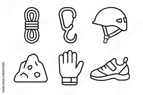 Essential rock climbing gear icons: rope, carabiner, helmet, rock, glove, shoe