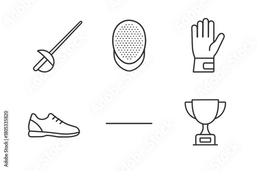 Line art: fencing equipment and trophy - mask, sword, shoe, glove