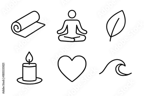 Minimalist yoga and wellness icons: meditation, nature, relaxation
