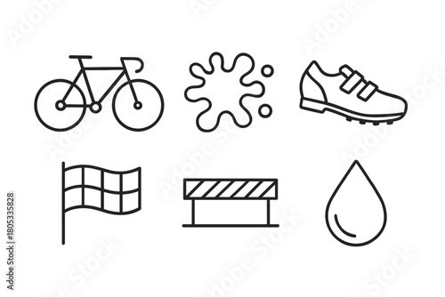 Simple icons of bicycle, paint splatter, sports shoe, flag, hurdle, and water drop