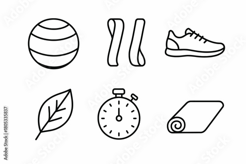 Fitness icons: ball, resistance band, sneaker, leaf, timer, yoga mat illustrations