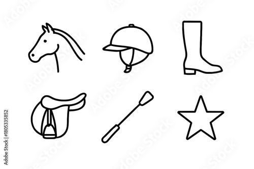 Equestrian line art: horse, riding helmet, boot, saddle, crop, star icon set