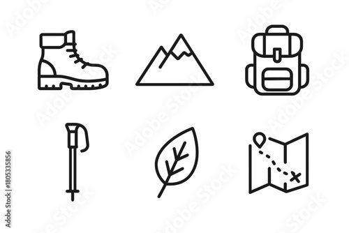 Outdoor adventure icons: hiking boots, mountains, backpack, trekking pole, leaf, map
