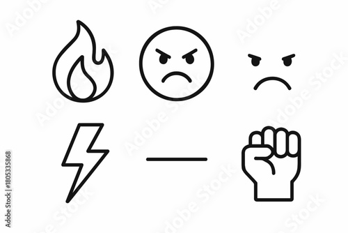 Set of angry emojis and symbols including fire and fist icons