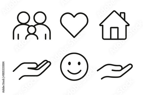 Simple icons: family, love, home, helping hands, smiley face