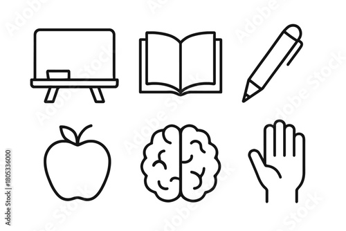 Education symbols: blackboard, book, pen, apple, brain, hand icons