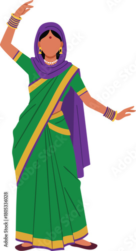 Woman in traditional green saree with purple scarf dancing Indian cultural attire vector illustration 