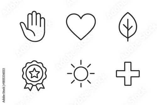 Minimalist icon set with hand, heart, leaf, badge, sun, and plus symbol
