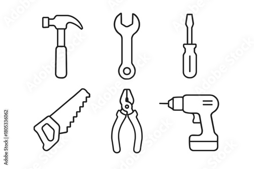 Outline icons of hammer, wrench, screwdriver, saw, pliers, drill for tool illustration