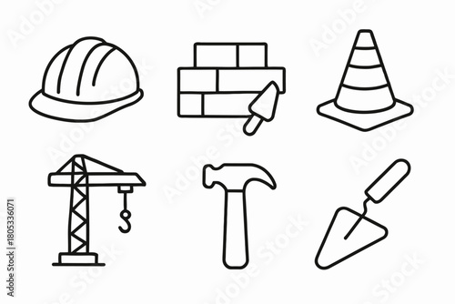 Construction tools and equipment icons: helmet, crane, hammer, brick, cone, trowel