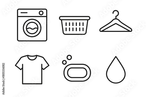 Laundry icons set: washing machine, basket, hanger, t-shirt, soap, water drop