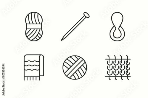 Minimalist icons: yarn, needle, hook, scarf, ball, knitting pattern