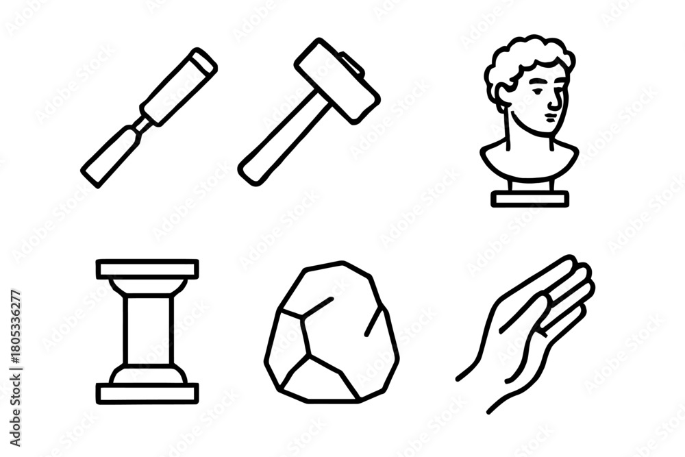 Obraz premium Line art icons of sculpting tools and classical sculpture elements