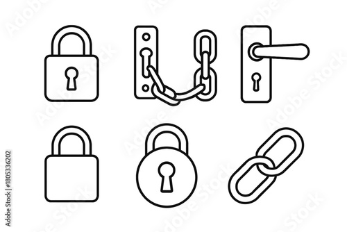 Set of security icon designs with padlocks, chains, and door handles