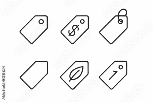 Collection of outline price tags with various designs and symbols