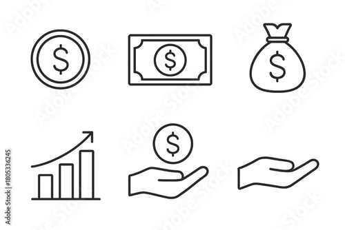 Monetary icons set: coins, bills, money bags, growth chart, hands