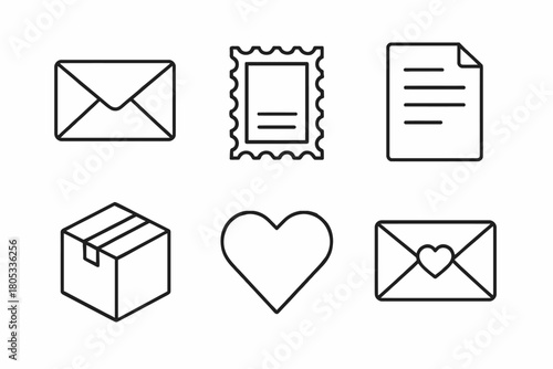 Minimalist line icons: envelope, stamp, document, box, heart
