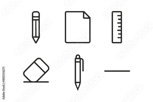 Minimalist office supplies icons - pencil, paper, ruler, eraser, pen, line