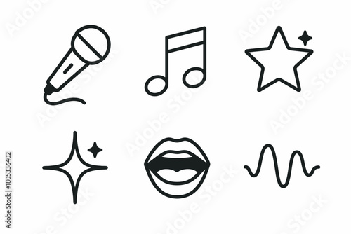 Music and performance icons: microphone, note, star, sparkle, lips, sound wave