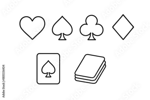 Outline icons of playing card suits and cards: heart, spade, club, diamond