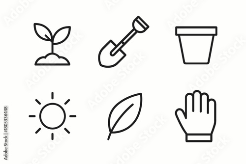 Gardening icon set featuring plant, shovel, pot, sun, leaf, glove