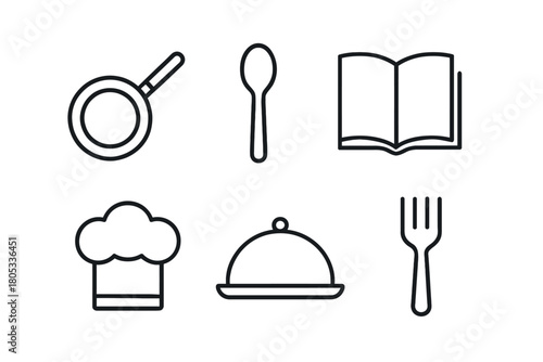 Minimalist kitchen icons: cooking pan, spoon, cookbook, chef hat, serving dish, fork