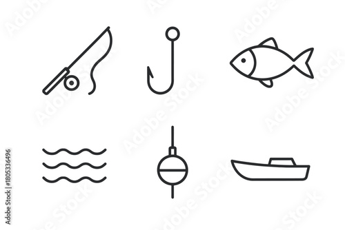Fishing equipment icons - rod, hook, fish, water waves, bobber, boat