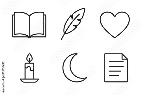 Simple vector icons: book, feather, heart, candle, moon, document