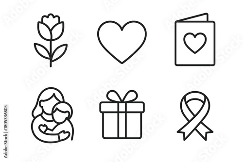 Set of love and care icons: flower, heart, card, hug, gift, ribbon