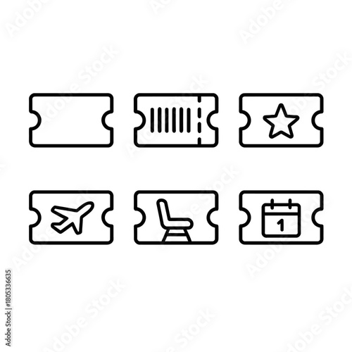 Icon set of event tickets with various symbols and designs in black and white