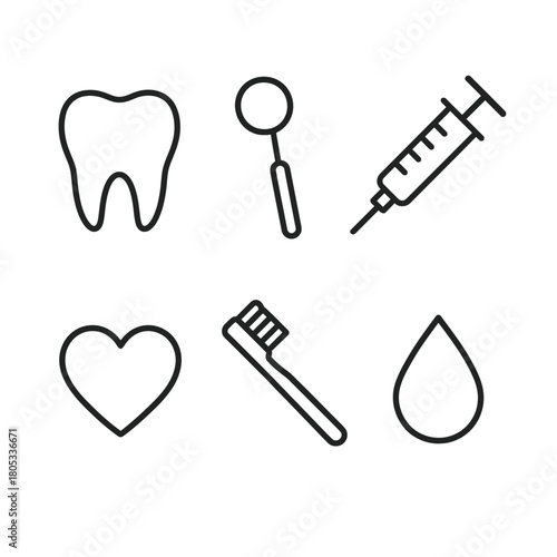 Dental care icons: tooth, syringe, toothbrush, heart, droplet, mirror