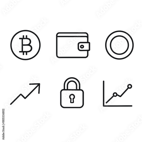 Cryptocurrency finance icons: bitcoin, wallet, graph, security, growth