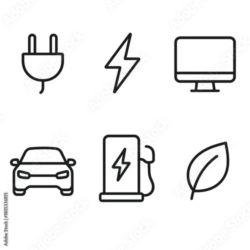 Electric car icons: charging, energy, eco-friendly, green technology symbols