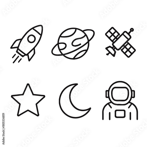 Space icons: rocket, planet, satellite, star, moon, astronaut