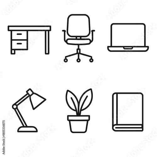 Minimalist office icon set: desk, chair, laptop, lamp, plant, book