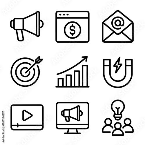 Marketing and advertising icons set: megaphone, chart, magnet, email, target