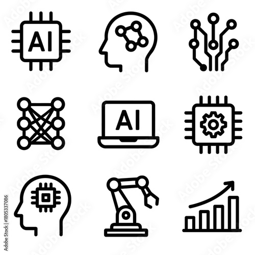 Artificial intelligence technology icons set featuring neural networks and robotics