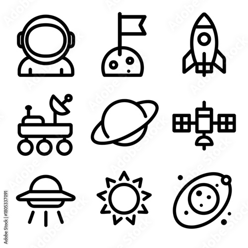 Space exploration icons: astronaut, rocket, satellite, planet, ufo symbols
