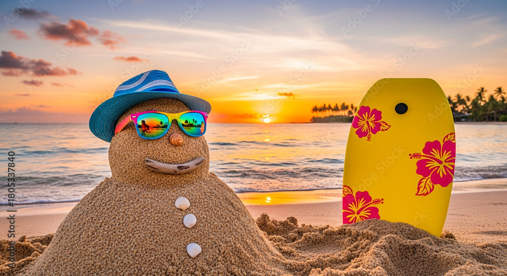 Obraz premium Sand sculpture on a beach with blue hat, sunglasses, shell decoration, and surfboard. It represents summer, vacation, and tropical holiday fun