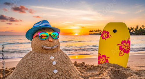 Fototapeta Naklejka Na Ścianę i Meble -  Sand sculpture on a beach with blue hat, sunglasses, shell decoration, and surfboard. It represents summer, vacation, and tropical holiday fun