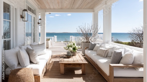 A white house with a large patio overlooking the ocean. The patio is furnished with white couches and a coffee table. Scene is calm and relaxing, as the ocean view